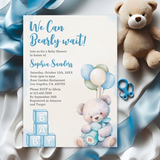 Blue Teddy Bear "We Can Bearly Wait" Baby Shower Kaart