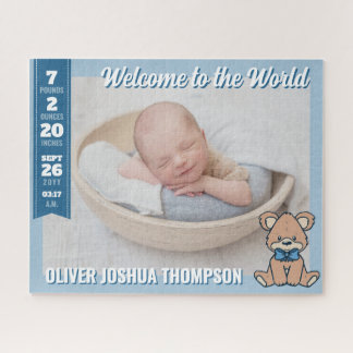 Blue Teddy Bear Welcome to the World Baby Boy Legpuzzel