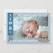 Blue Teddy Bear Welkom bij de wereld Baby Boy Aankondiging (Voorkant)