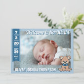 Blue Teddy Bear Welkom bij de wereld Baby Boy Aankondiging (Staand voorkant)
