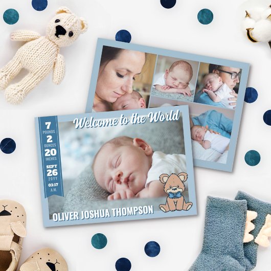 Blue Teddy Bear Welkom bij de wereld Baby Boy Aankondiging