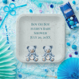 Blue Teddy Bears Twin Baby shower Papieren Bordje