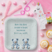 Blue Teddy Bears Twin Baby shower Papieren Bordje (Feest)