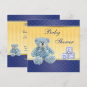Blue Teddy & Building Blocks Boys Baby shower Kaart (Voorkant / Achterkant)