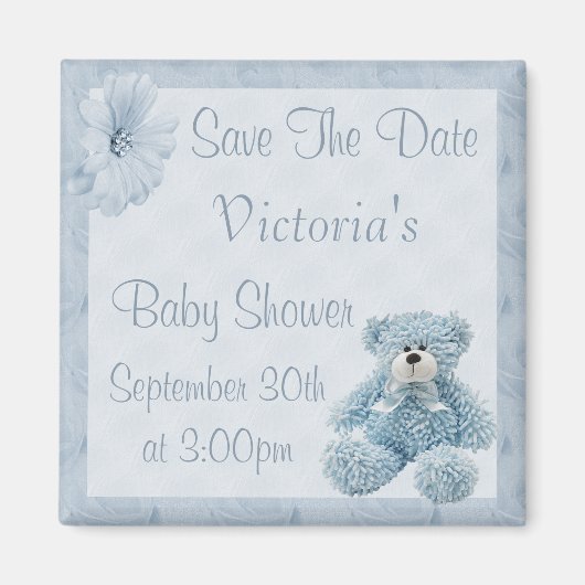 Blue Teddy Save the Date Boy Baby shower Magneet (Voorkant)