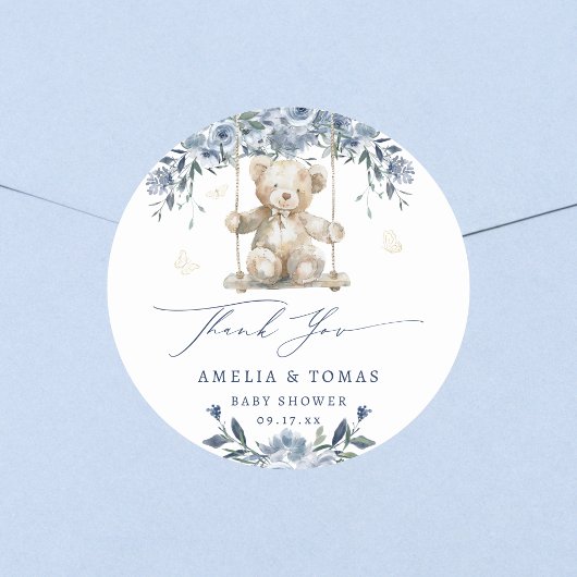 Blue Teddy Swing Baby shower Bedankt Ronde Sticker