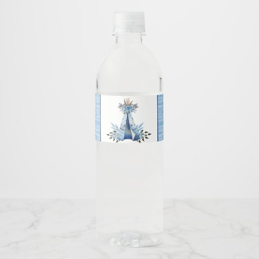 Blue Teepee Tribale Boho Waterfleslabels Waterfles Etiket (Voorkant)