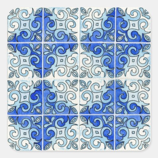 Blue Tegel Design 2 - Swirls Vierkante Sticker (Voorkant)