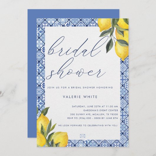 Blue Tegel Lemon Bridal Shower Invitation Kaart (Voorkant / Achterkant)
