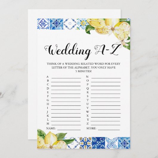 Blue Tegel Lemons Bruiloft A-Z Vrijgezellenfeest S Kaart (Voorkant / Achterkant)