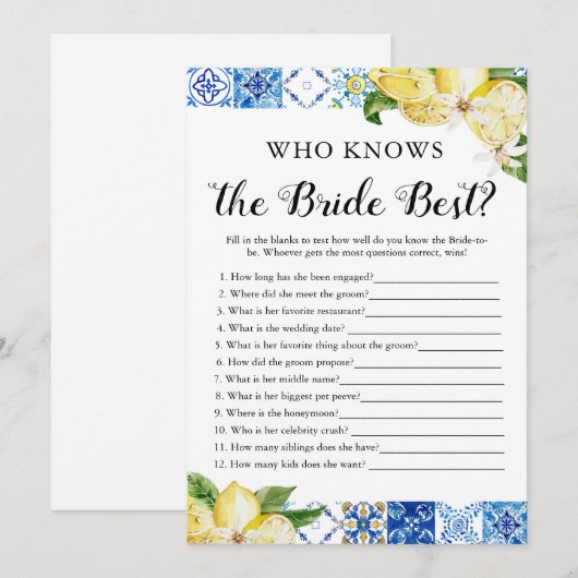 Blue Tegel Lemons die weet de bruid beste spel Kaart (Voorkant / Achterkant)