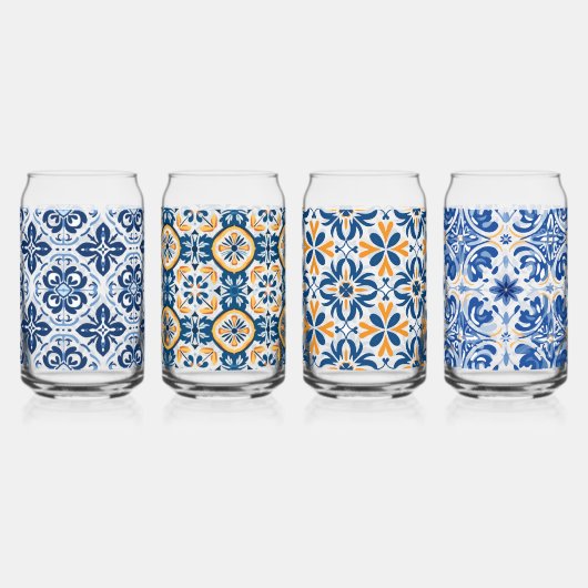 Blue tegel Mediterraan picknickbierblikje Blikvorm Glas (Voorkant)