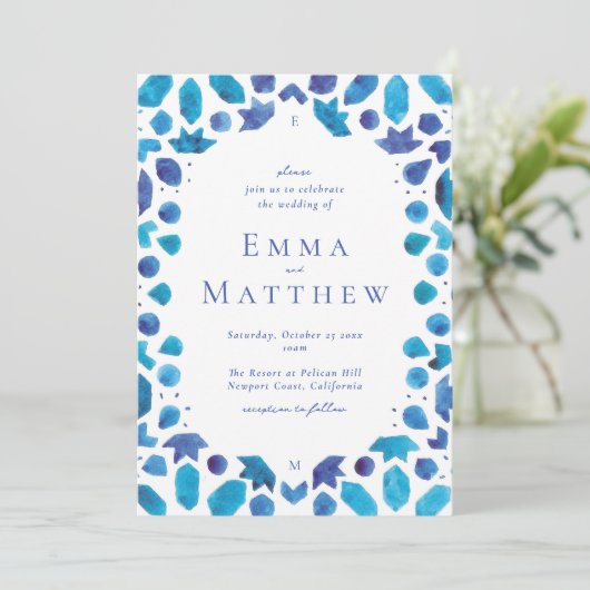 Blue Tegel Mediterranean Wedding Kaart (Staand voorkant)
