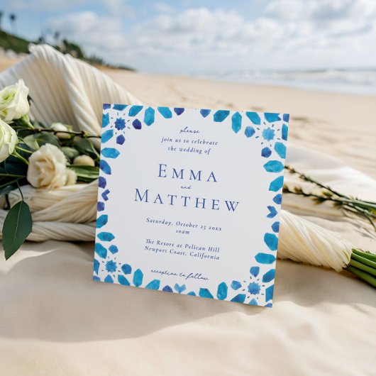 Blue Tegel Moroccan Geometric Square Wedding Kaart