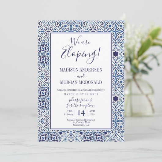 Blue tegels Elopement receptie uitnodiging (Staand voorkant)