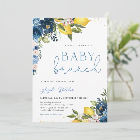 Blue Tegels Lemon Baby shower Invitation Kaart (Staand voorkant)