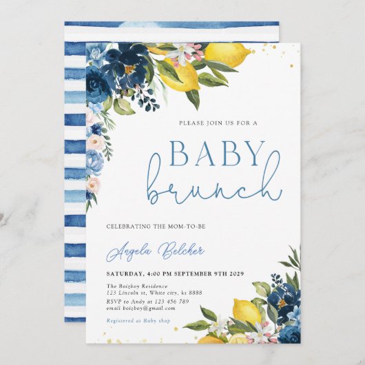 Blue Tegels Lemon Baby shower Invitation Kaart (Voorkant / Achterkant)