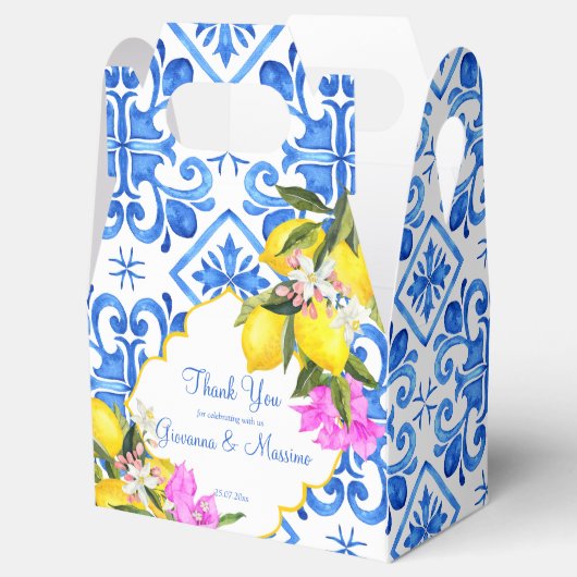 Blue tegels lemon Bougainvillea aangepast huwelijk Bedankdoosjes (Geopend)