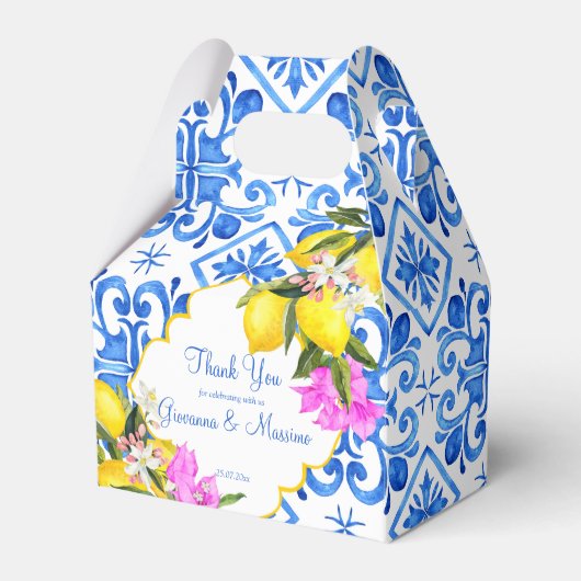 Blue tegels lemon Bougainvillea aangepast huwelijk Bedankdoosjes (Voorkant Zijde)