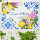 Blue tegels lemon Bougainvillea aangepast huwelijk Theedoek (Gevouwen)