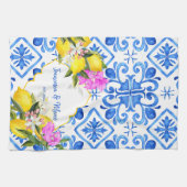 Blue tegels lemon Bougainvillea aangepast huwelijk Theedoek (Horizontaal)