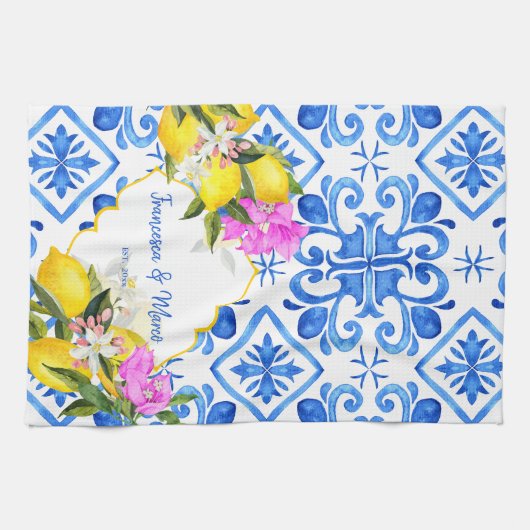 Blue tegels lemon Bougainvillea aangepast huwelijk Theedoek (Horizontaal)