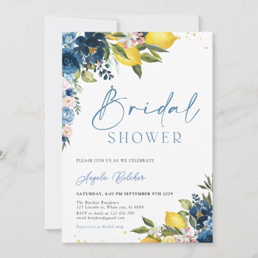 Blue Tegels Lemon Bridal Shower Invitation Kaart (Voorkant)