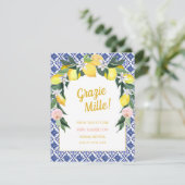 Blue Tegels Lemon Grazie Mille Vrijgezellenfeest Bedankkaart (Staand voorkant)
