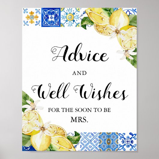 Blue Tegels Lemons Advies en Well Wishes Sign Poster (Voorkant)