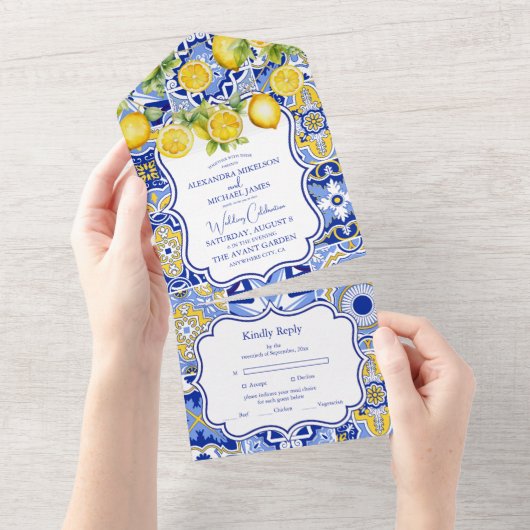 Blue tegels Lemons bruiloft All In One Uitnodiging (Afscheurbaar)