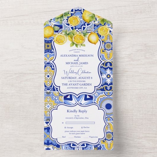 Blue tegels Lemons bruiloft All In One Uitnodiging (Binnen)