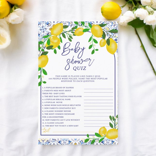 Blue tegels waterverf citroen baby shower spelletj (Blue tiles watercolor lemon baby shower games)