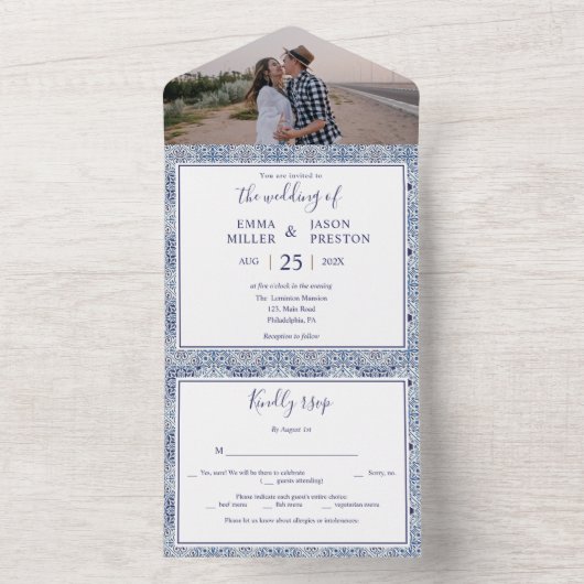 Blue tegels Wedding Invitation allemaal in één fot All In One Uitnodiging (Binnen)