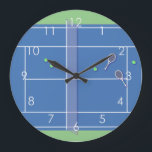 Blue Tennis Court Modern Tennis Player     Grote Klok<br><div class="desc">Personalized classic tennis court design in blue with classic, chic, preppy & elegant tennis rackets and green tennis balls. Simple, minimalist gift for your tennis coach or tennis team. Personalized Gift for a tennis player. Blue tennis court illustration. Trendy tennis players home decor. Trendy modern tennis player gifts. Cool retro...</div>