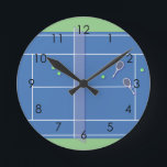 Blue Tennis Court Modern Tennis Player      Ronde Klok<br><div class="desc">Personalized classic tennis court design in blue with classic, chic, preppy & elegant tennis rackets and green tennis balls. Simple, minimalist gift for your tennis coach or tennis team. Personalized Gift for a tennis player. Blue tennis court illustration. Trendy tennis players home decor. Trendy modern tennis player gifts. Cool retro...</div>