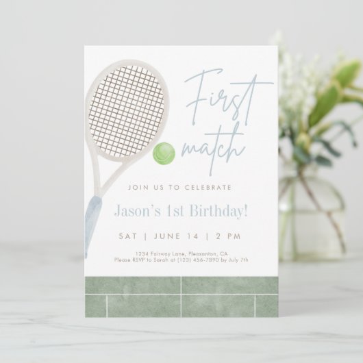 Blue Tennis First Birthday Party Invitation Bedankkaart (Staand voorkant)