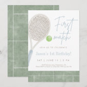 Blue Tennis First Birthday Party Invitation Bedankkaart (Voorkant / Achterkant)