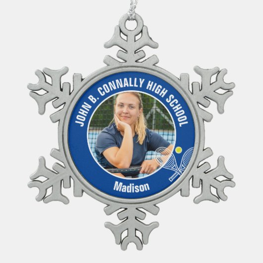 Blue Tennis Player Photo High School Spirit Tin Sneeuwvlok Ornament (Voorkant)