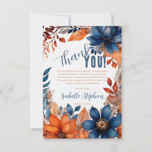 Blue | Terracotta Boy Fall Floral Baby Shower Bedankkaart (Voorkant)