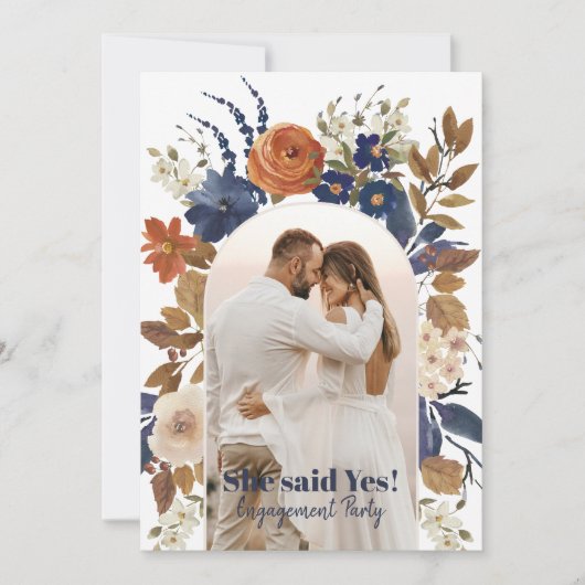 Blue Terracotta Floral Arch Photo Engagement Party Kaart (Voorkant)