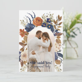 Blue Terracotta Floral Arch Photo Engagement Party Kaart