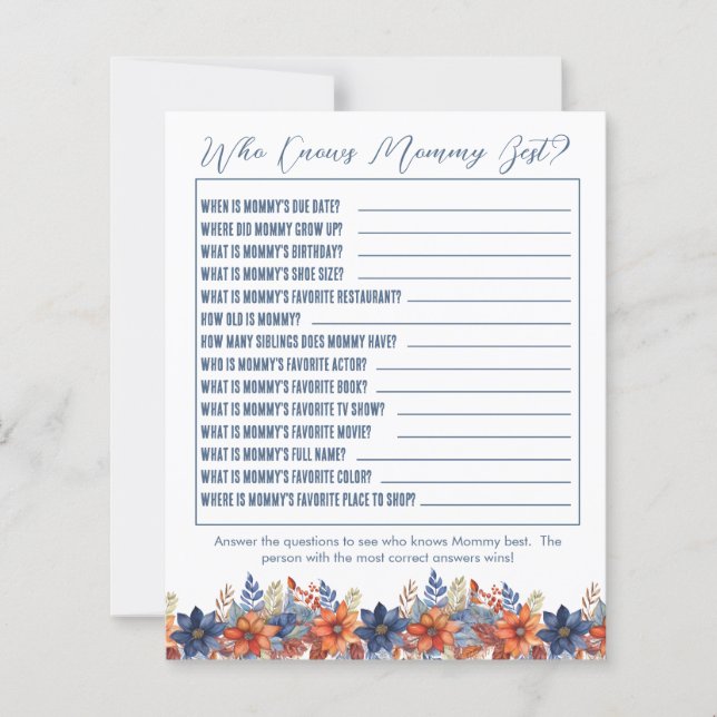 Blue Terracotta Floral Baby shower Wie kent mama (Voorkant)