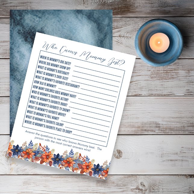 Blue Terracotta Floral Baby shower Wie kent mama (Boho Blue and Terracotta Fall |  Autumn Floral Boy Baby Shower "Who Knows Mommy Best" Game)