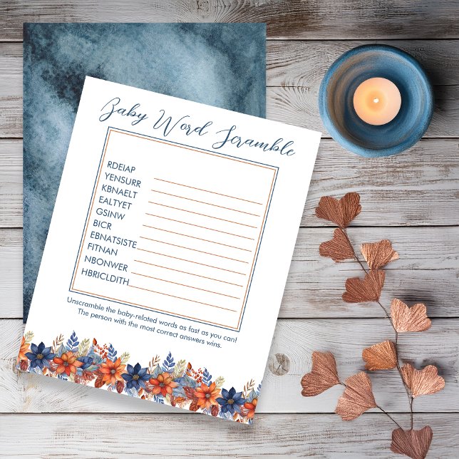 Blue Terracotta Floral Baby shower Word Scramble (Boho Blue and Terracotta Fall |  Autumn Floral  Baby Shower "Baby Word Scramble" Game)