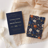 Blue Terracotta Floral Wedding Gold Folie Uitnodiging