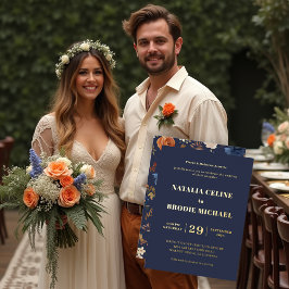 Blue Terracotta Floral Wedding Gold Folie Uitnodiging