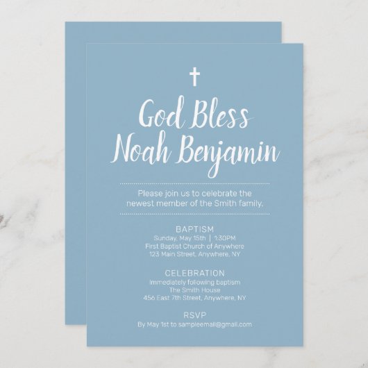 Blue Text-Only Baptism Invitation Kaart (Voorkant / Achterkant)