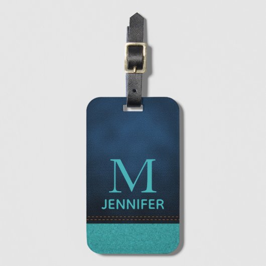 Blue Textured Leather Monogram Persoonlijke naam Bagagelabel (Voorkant (verticaal))
