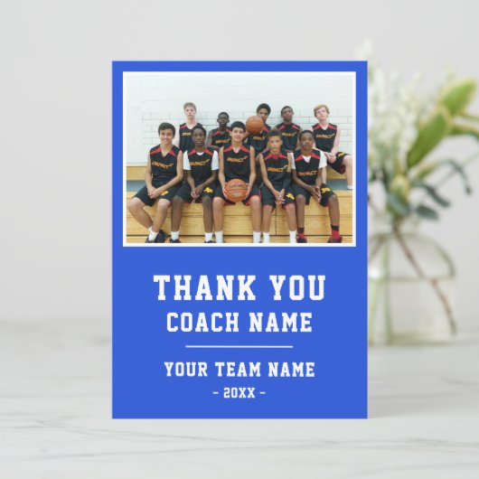 Blue Thank you Coach Card Team Name Photo Bedankkaart (Staand voorkant)