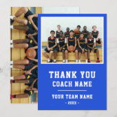 Blue Thank you Coach Card Team Name Photo Bedankkaart (Voorkant / Achterkant)